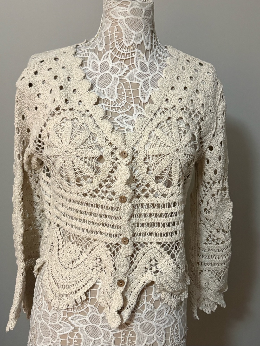 Crochet Button-Front Cream Sweater Cardigan